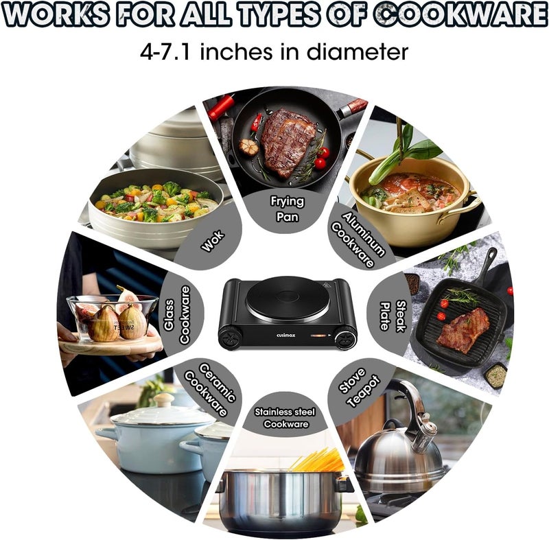 CUSIMAX Hot Plate,1500W Electric Portable Cast Iron Stove with Temperature Controls,Hot Plates for Cooking,Compatible for All Cookwares,Concealed Handle,Easy to Clean - Image 4